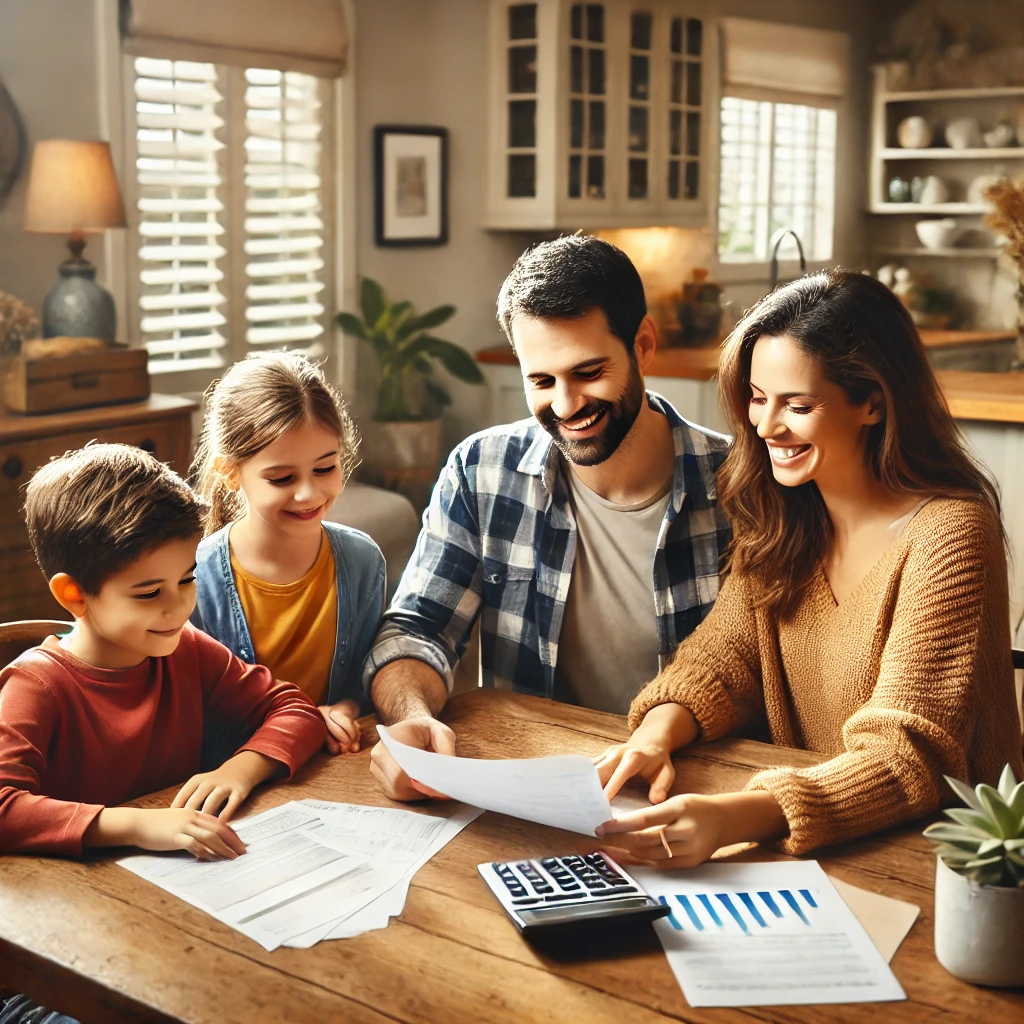 Famiglia felice che discute il bilancio a casa