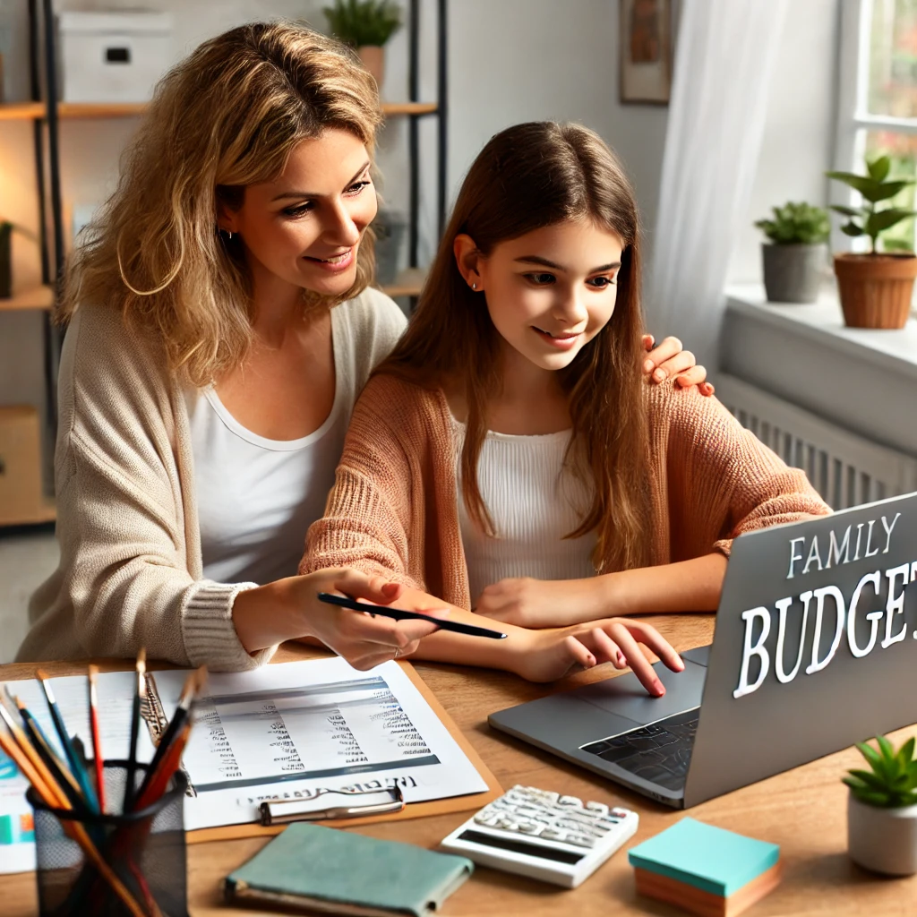 Madre e figlia che pianificano il budget su un laptop